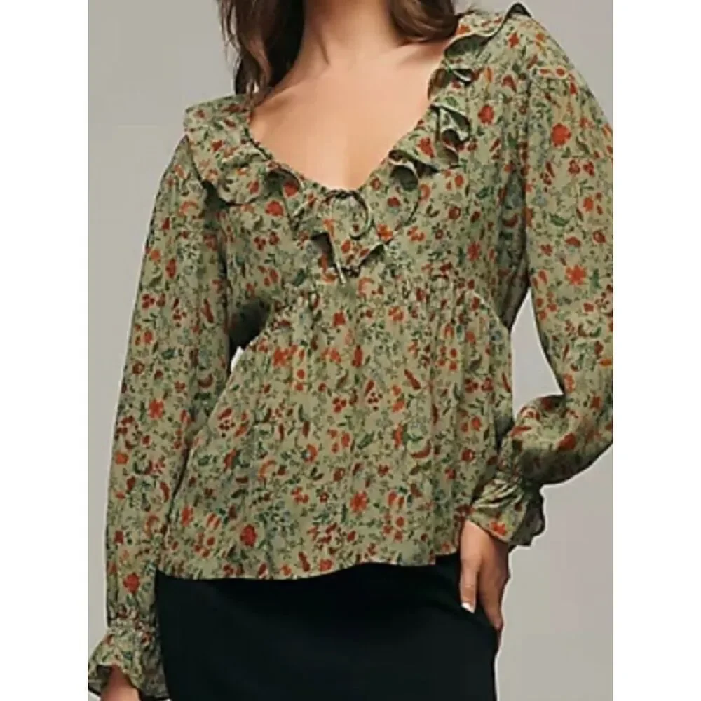 Reformation Wyn Floral Ruffled Top in green 4